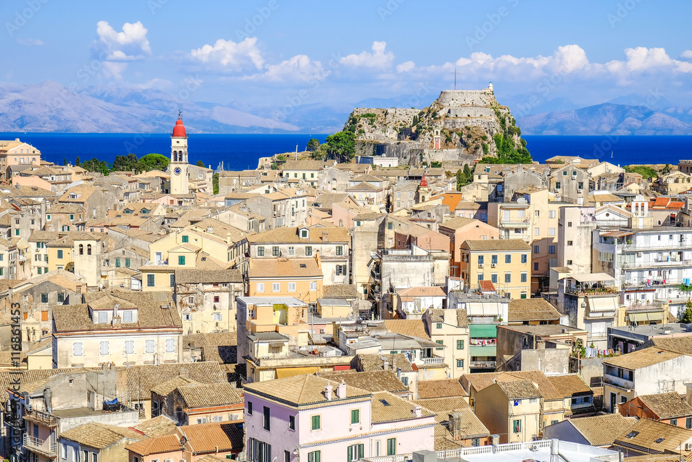 Corfu town panorama over the old city. Venetian fortress in back