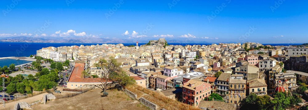 Corfu from above. Panoramic view over the old city of Corfu, the