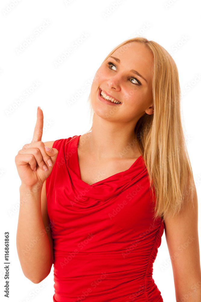business Woman in red shirt pointing into copy space isolated o business Woman in red shirt pointing into copy space isolated o