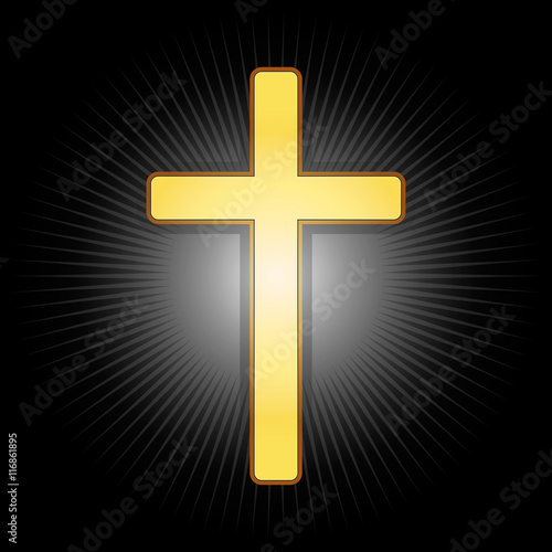 Golden cross, symbol of the Christian faith on a black glowing background. Vector illustration, eps 10.