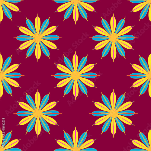 Geometric seamless pattern with fractal flower in yellow and blue colors on red background