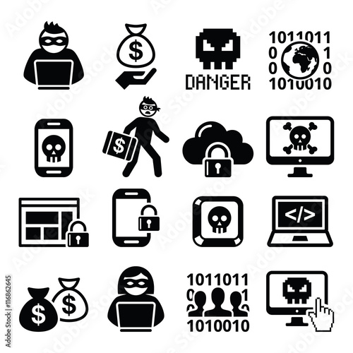 Hacker, cyber attack, cyber crime icons set 