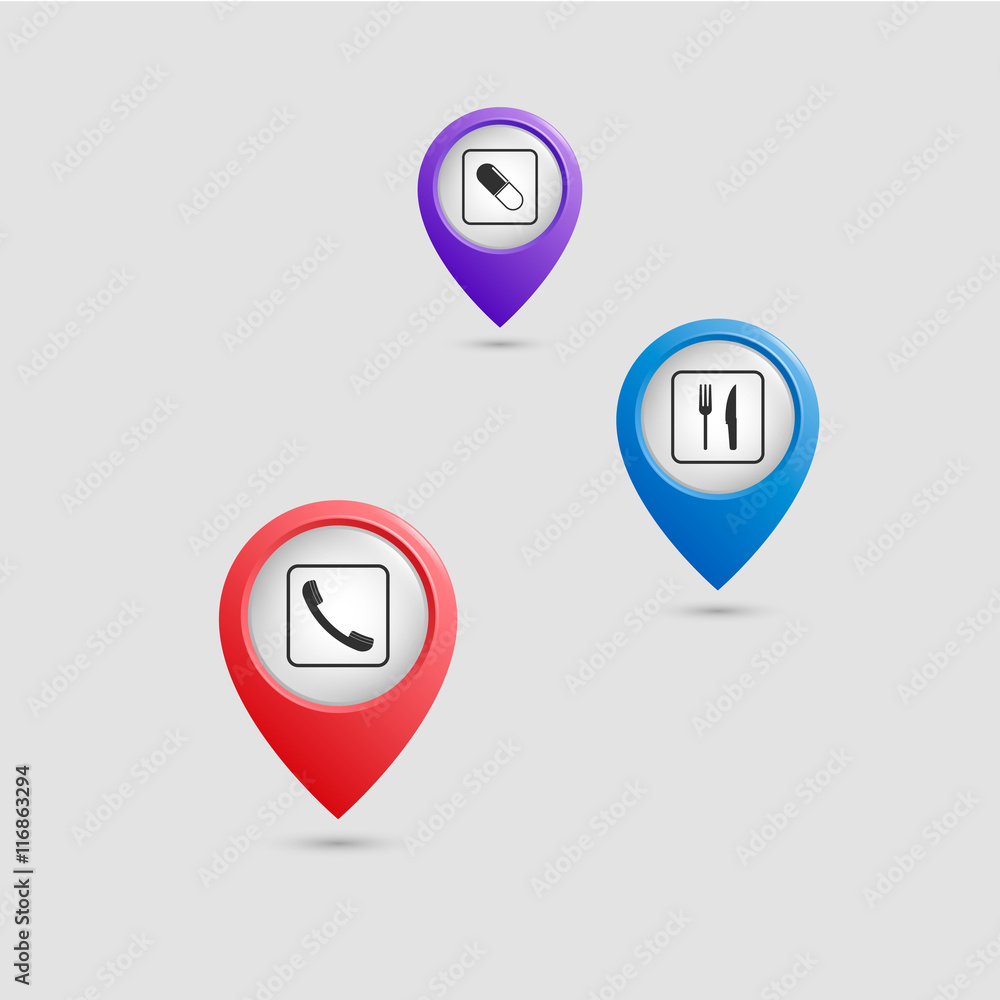 Set of colorful navigation icons. Map pointers with service icons. Vector illustration. Set of colorful navigation icons. Map pointers with service icons. Vector illustration.