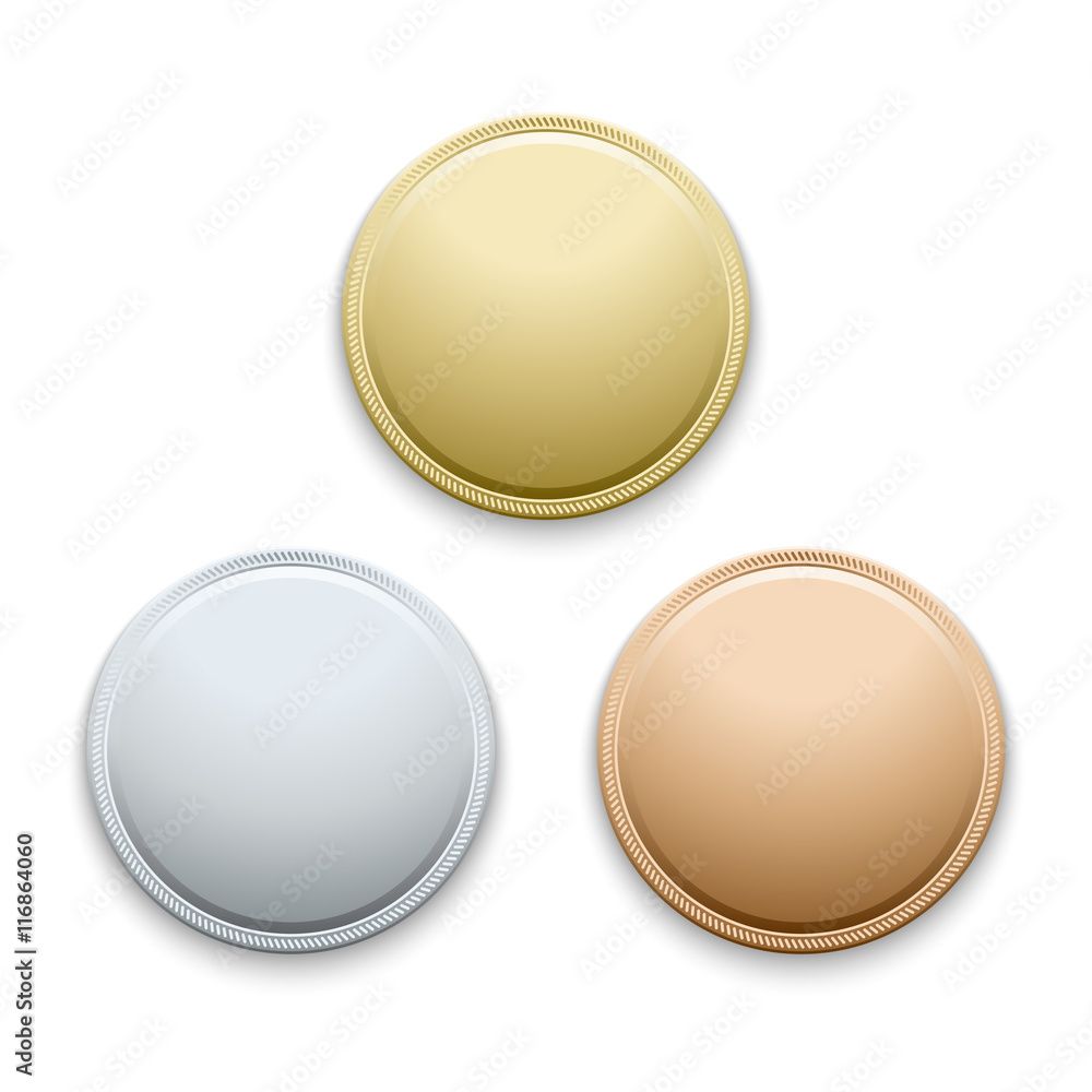Round empty polished gold, silver, bronze, medals, coins vector template Round empty polished gold, silver, bronze, medals, coins vector template