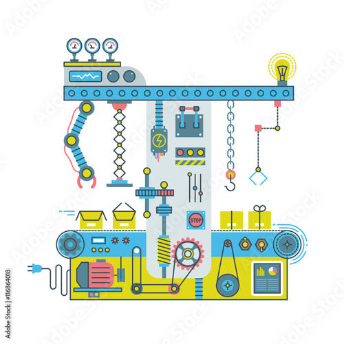 Conveyor robotic system with manipulators. Technlology process vector flat concept
