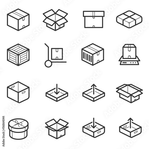 Package line thin icons vector set. Boxes, crates, containers