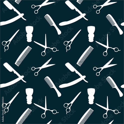 Barber Shop or Hairdresser background, seamless pattern with hairdressing scissors, shaving brush, razor, comb for man salon vector illustration