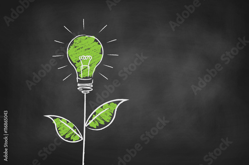 Green energy light bulb chalk board vector background photo