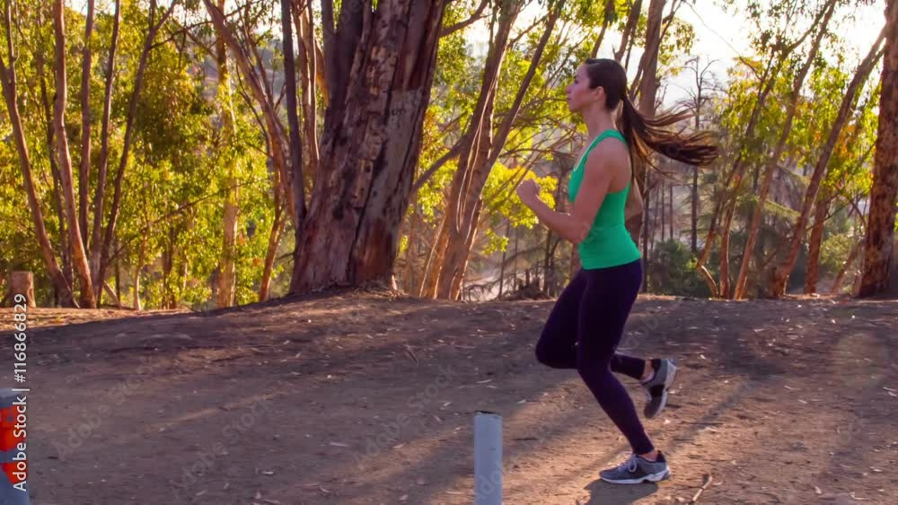 Athletic Woman Working Out. Running along a path through the woods. Athletic Woman Working Out. Running along a path through the woods.