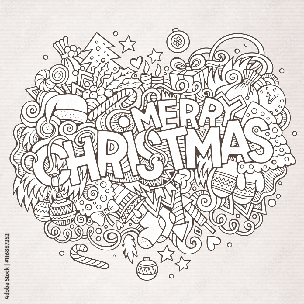 Merry Christmas hand lettering and doodles elements background