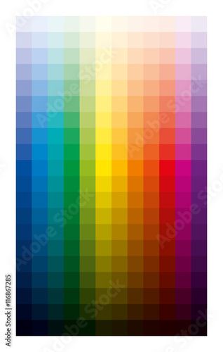 Color table light and dark. Twelve basic colors gradated from white to the black in ten percent steps. CMYK print palette analogous to subtractive color circle developed from red, yellow and blue. photo