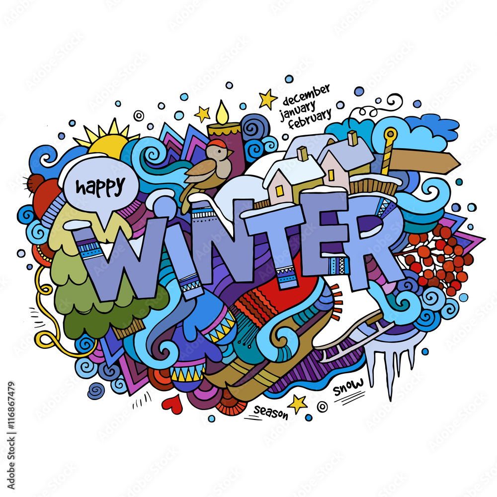Obraz premium Winter hand lettering and doodles elements background