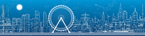 Panorama of the city. Ferris wheel, office buildings, town nightlife, neon lines, vector design art