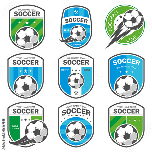 Vector illustration set of logos on football theme, as well as items for the game of football. It can be used as an emblem, logo and template for soccer tournaments.