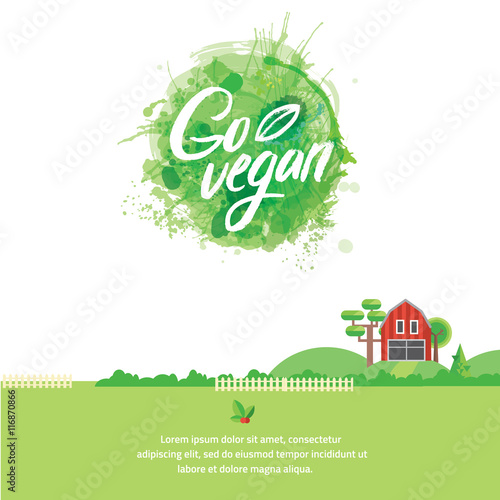 Words GO VEGAN in simple and cute frame with green branches and leaves. Vectorized watercolor drawing.