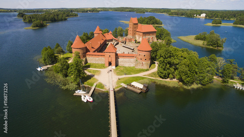 AERIAL. Beautiful old castle in Trakai from the sky, summer day