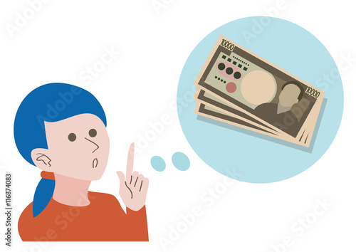 イラスト素材　お金について考える女性　副業　貯金　マネー　ベクター