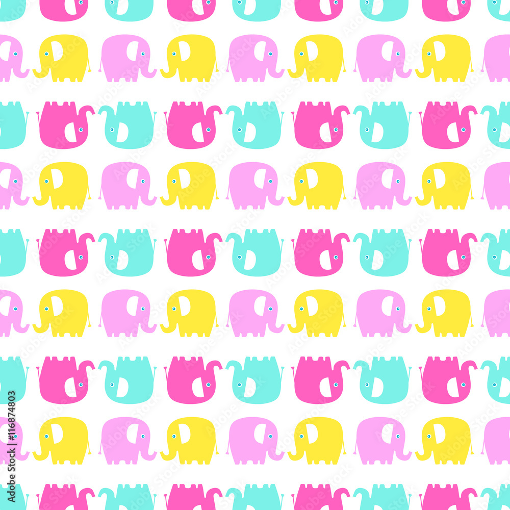 Cute flat elephant. Vector seamless pattern with fun color elephants silhouette. Sweet background for babies and children. Brighn animals - yellow, pink and green on white background. Cute flat elephant. Vector seamless pattern with fun color elephants silhouette. Sweet background for babies and children. Brighn animals - yellow, pink and green on white background.