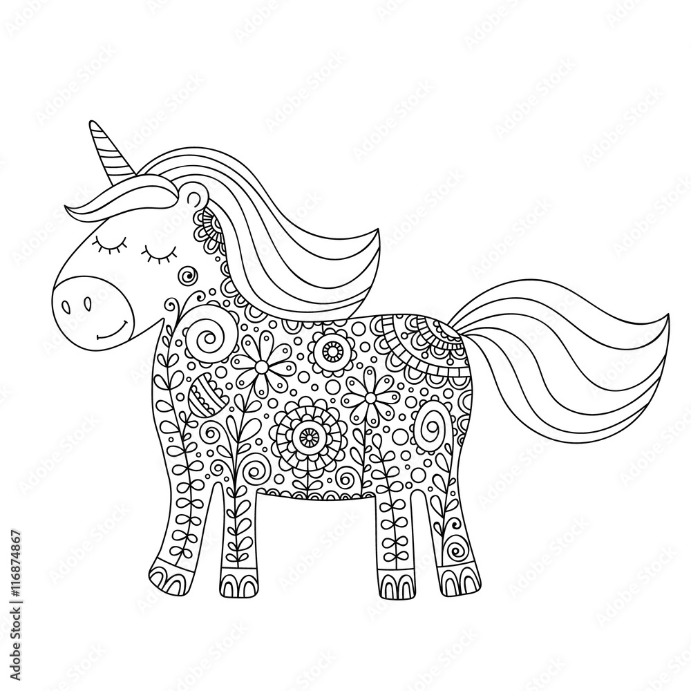 Doodle unicorn. Cute hand drawing unicorn with floral zentangle ...