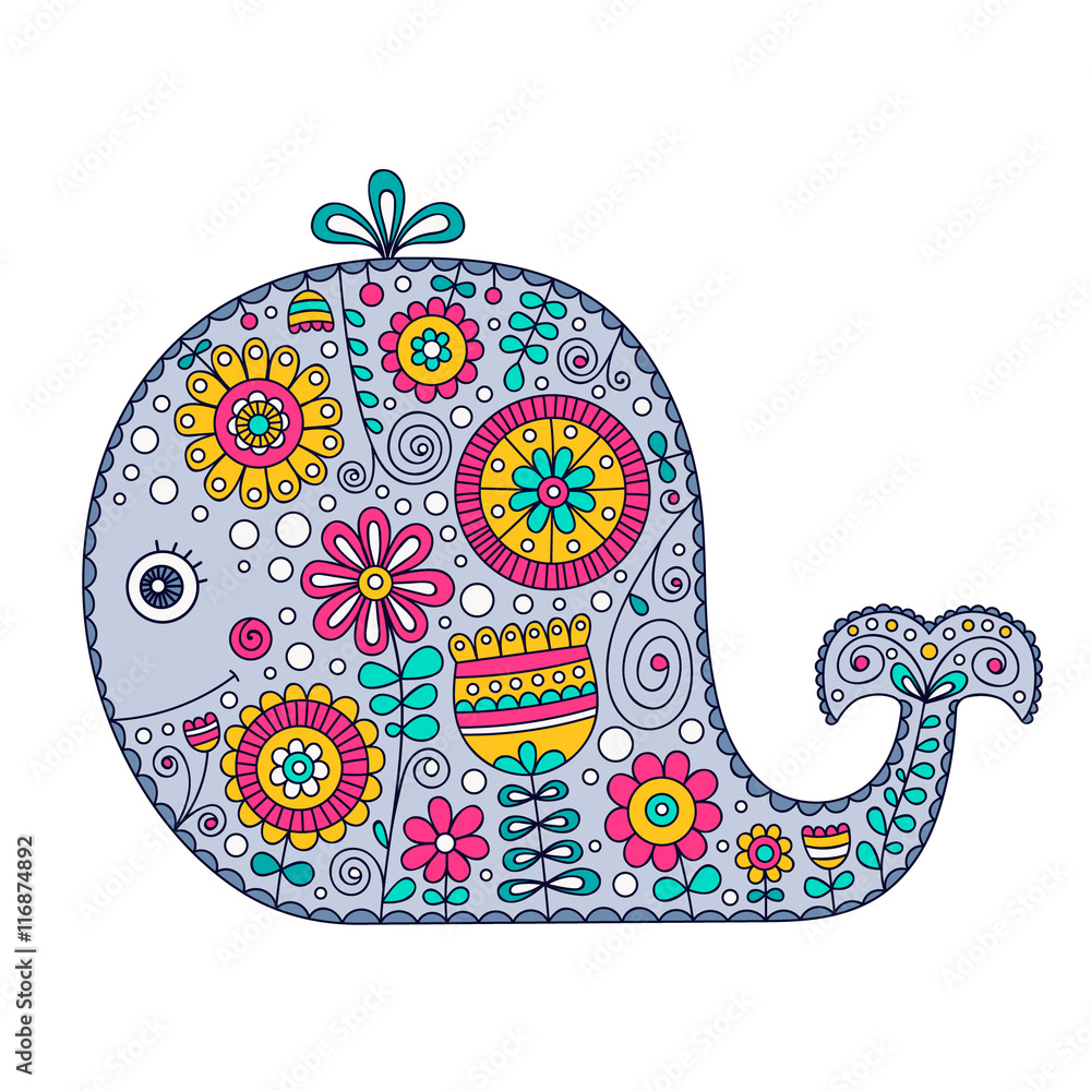 Obraz premium Hand drawn cartoon whale with floral doodle ornament. Nice design for for babies and children. Yellow, pink, green, grey and white colors. Isolated. Doodle animal with flowers and dots.