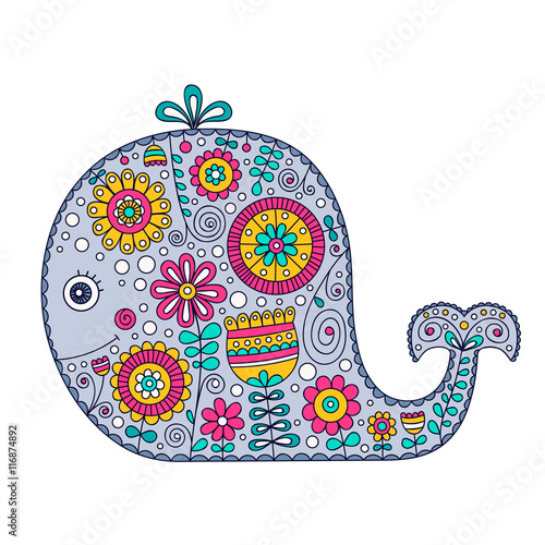 Hand drawn cartoon whale with floral doodle ornament. Nice design for for babies and children. Yellow, pink, green, grey and white colors. Isolated. Doodle animal with flowers and dots.