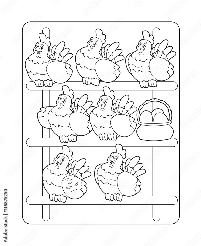 The hostess in the happy chicken coop for eggs smiling - coloring page ...