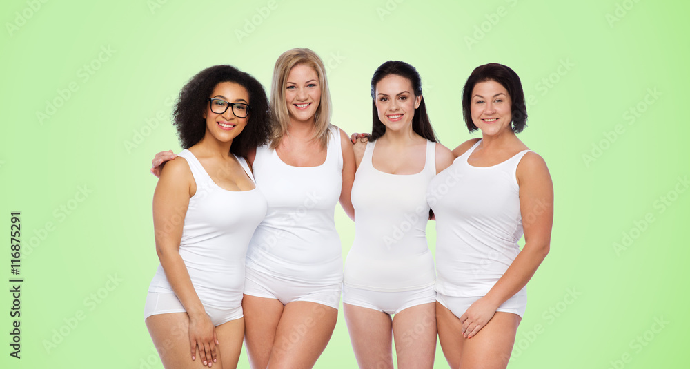 group of happy different women in white underwear group of happy different women in white underwear