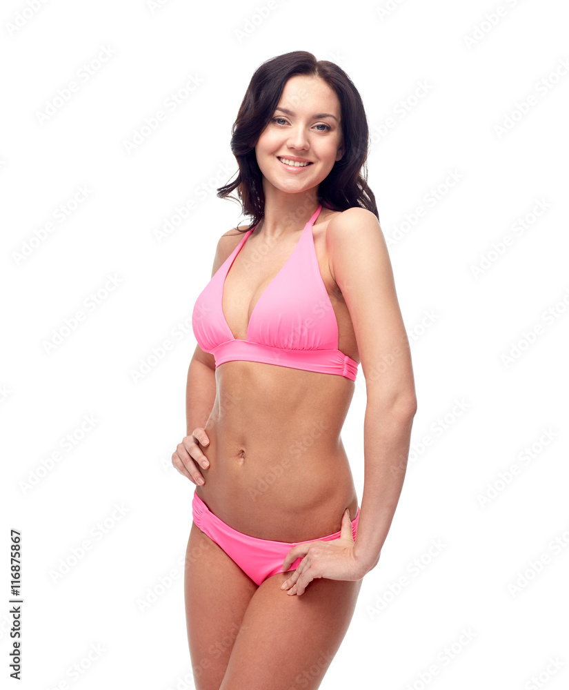 happy young woman in pink bikini swimsuit happy young woman in pink bikini swimsuit