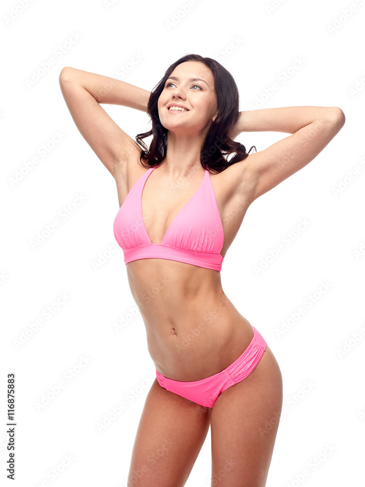 happy young woman in pink bikini swimsuit happy young woman in pink bikini swimsuit