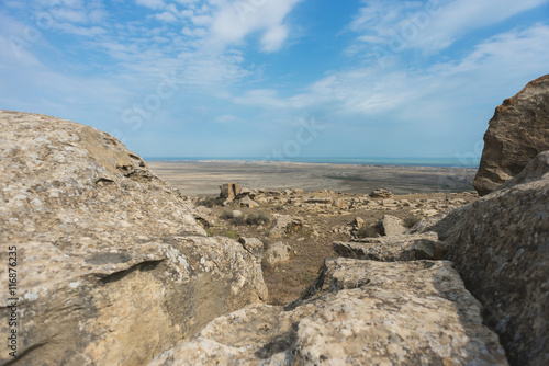 Landscape in the area Qobustan national park in Azerbaijan. View of the Apsheron Peninsula