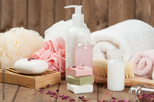 Soap Bars, Towels, Wisps. Body Care Kit. Dried Rose Petals.