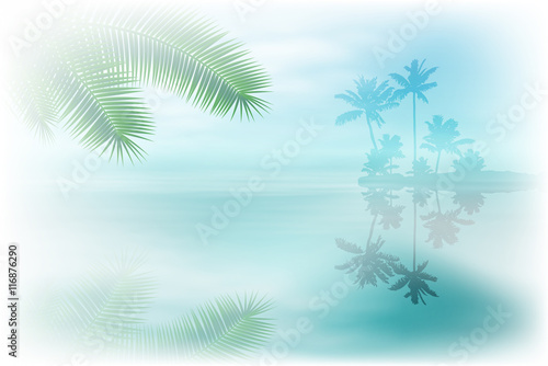 Sea with island and palm trees.