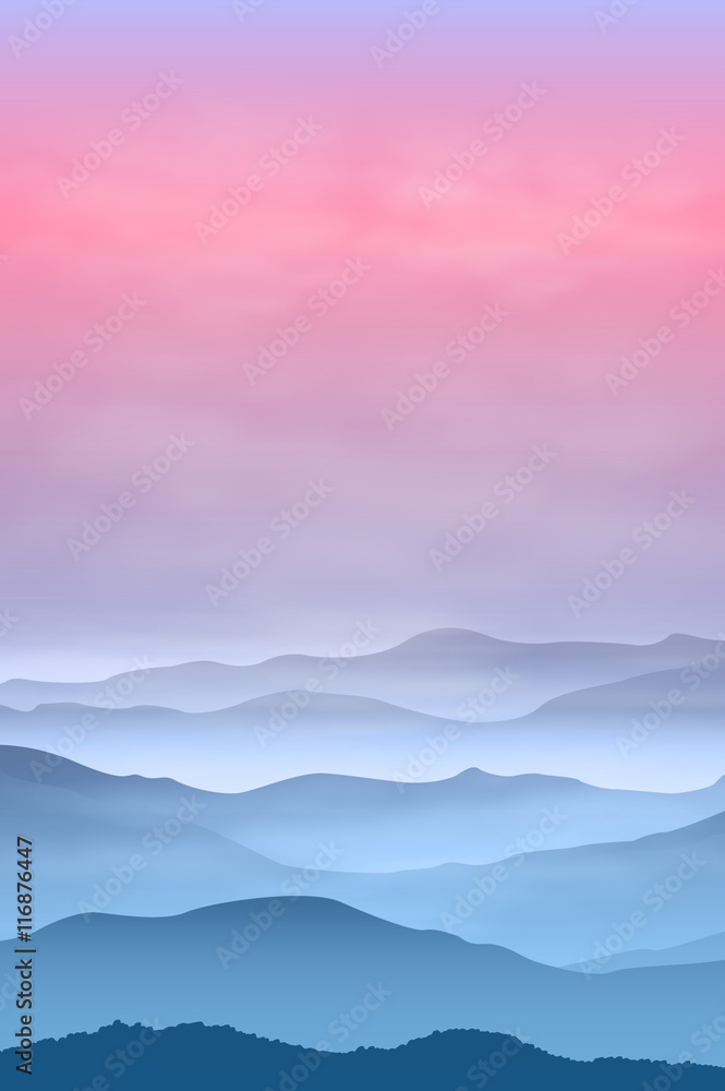 Background with mountains in the fog. Sunset time.