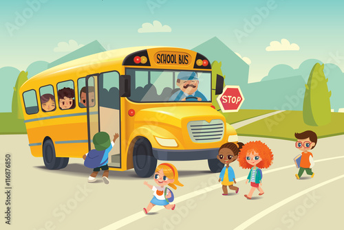 School bus traffic stop law flayer . Back To School Safety Concept. Kids riding on school bus. Child boarding school bus. Kids crossing the road. Vector illustration.