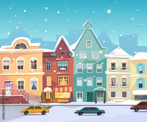 Sunny City street at Winter. Cartoon buildings. Christmas background with urban houses, boutiques, shops, grocery facade, bar door. Cars in the road at winter. Vector. Snowfall. Vector © FoxyImage