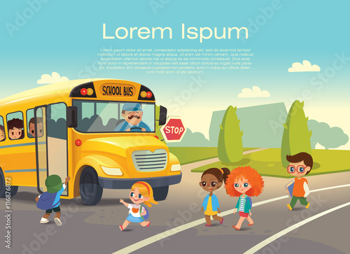 School bus traffic stop. Back-To-School Safety Concept. Kids riding on school bus. Child boarding school bus. Kids crossing the road.