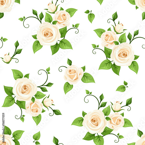 Vector seamless pattern with white roses on a white background.