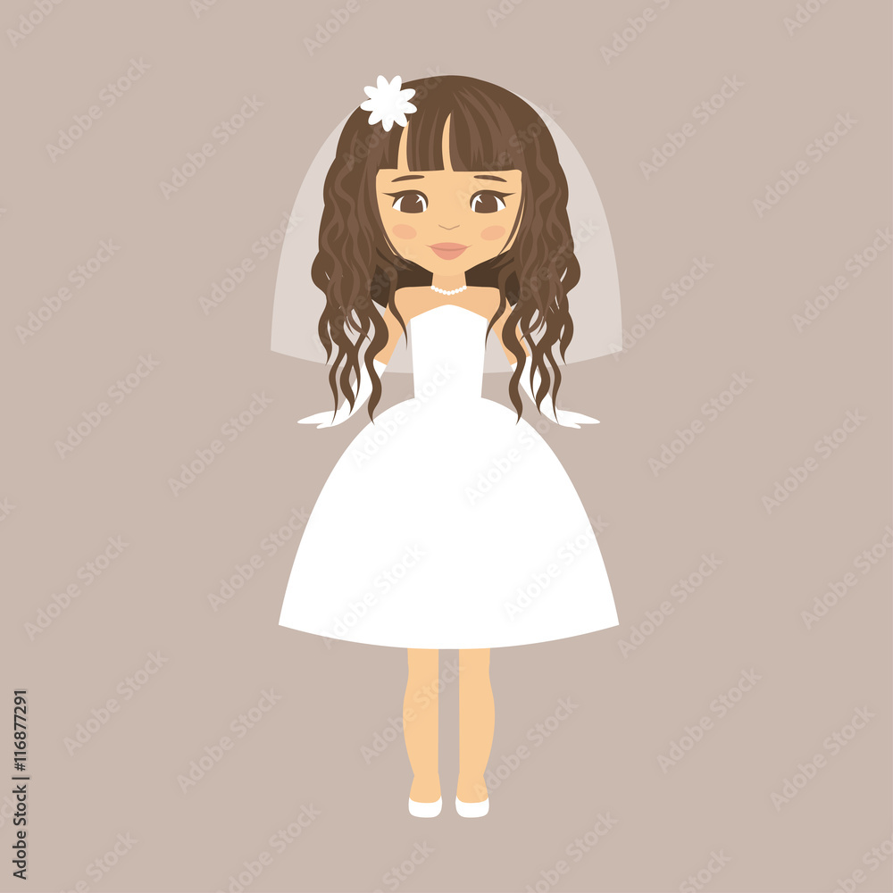 cartoon bride with curly hair in a short dress cartoon bride with curly hair in a short dress