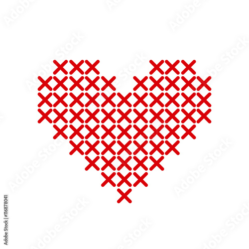 Hand-made red heart embroidered with a cross