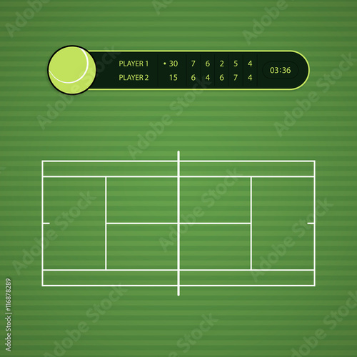 Top view of grass tennis court. Tennis scoreboard with results of match. Vector illustration, eps 10.