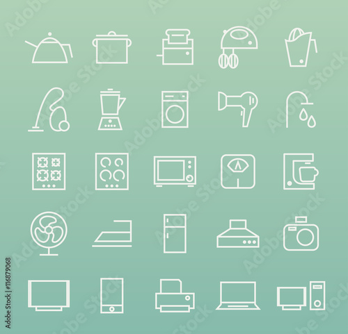 Set of Isolated Quality Universal Standard Minimal Simple White Home Appliances Thin Line Icons on Color Background.