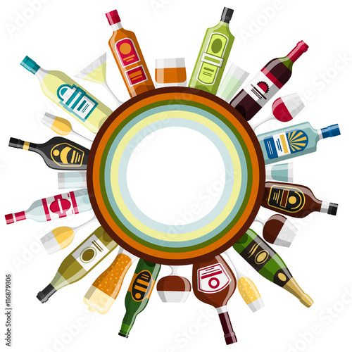 Alcohol drinks background design. Bottles, glasses for restaurants and bars