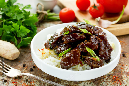 Mongolian meat - beef in sauce with spices