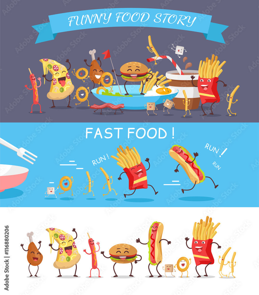 Funny Fast Food Cartoon Vector Illustration.  