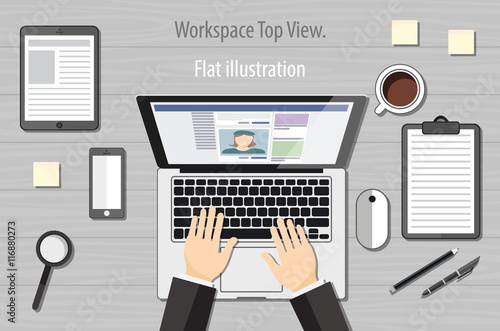 hands typing text on the laptop keyboard and using social networks for communication. Top view of people working with computer at the work desk vector
