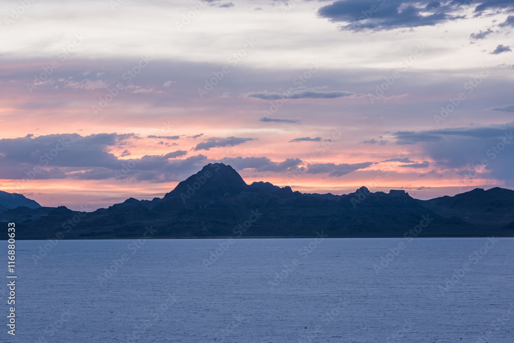 White Salt Flats with sunset near Salt Lake City, Utah