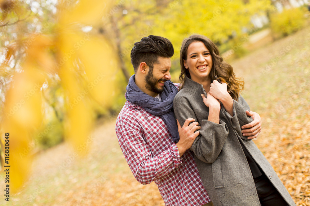 Fototapeta premium Young couple in the autumn park