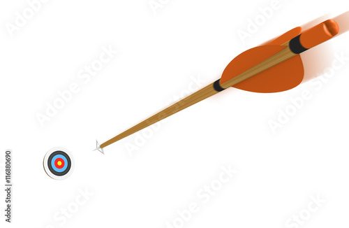 Arrow with motion blur flying toward an archery target at high speed, 3D rendering