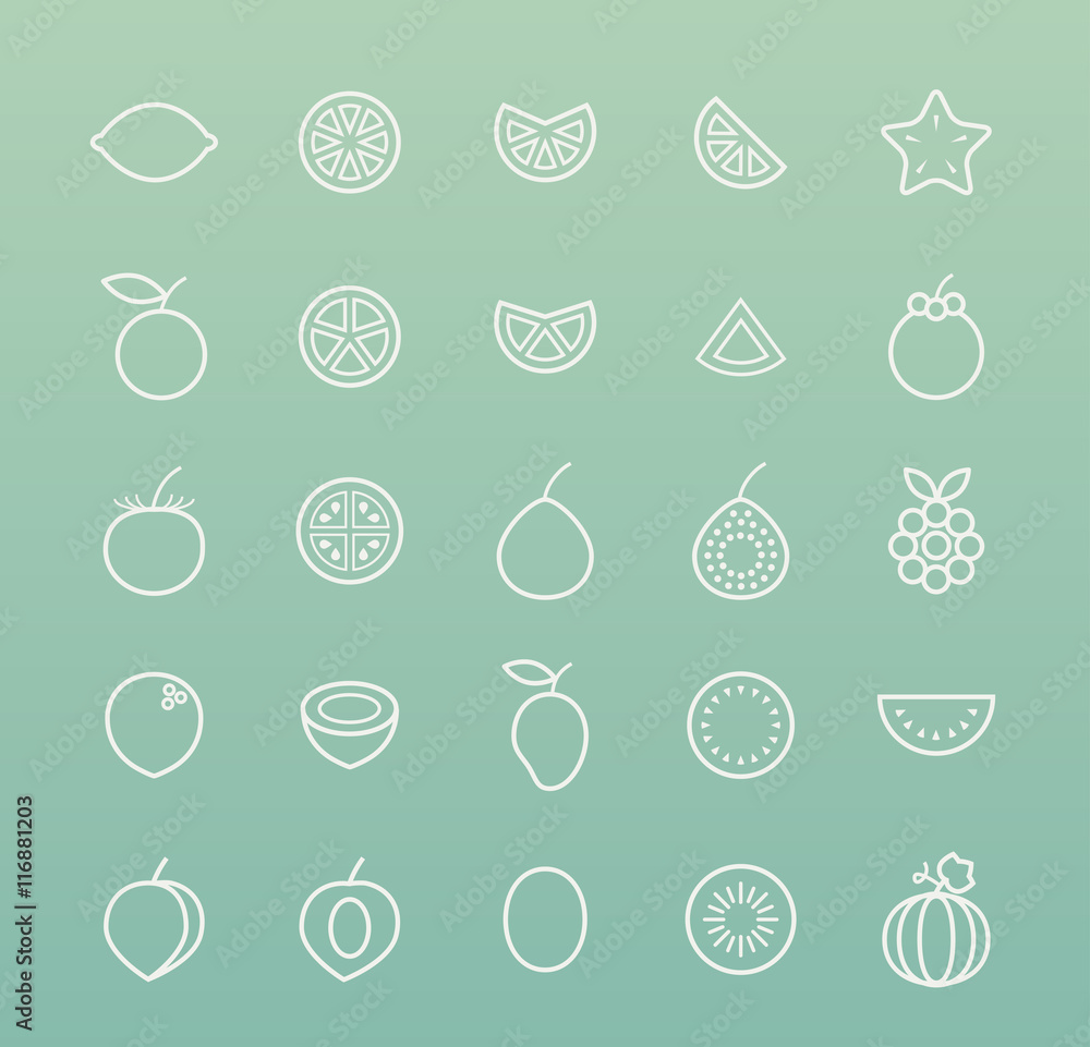 Set of Quality Isolated Universal Standard Minimal Simple Fruit White Thin Line Icons on Color Background.