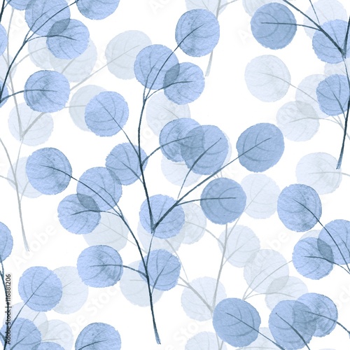 Branches with round leaves. Watercolor background. Seamless pattern 10